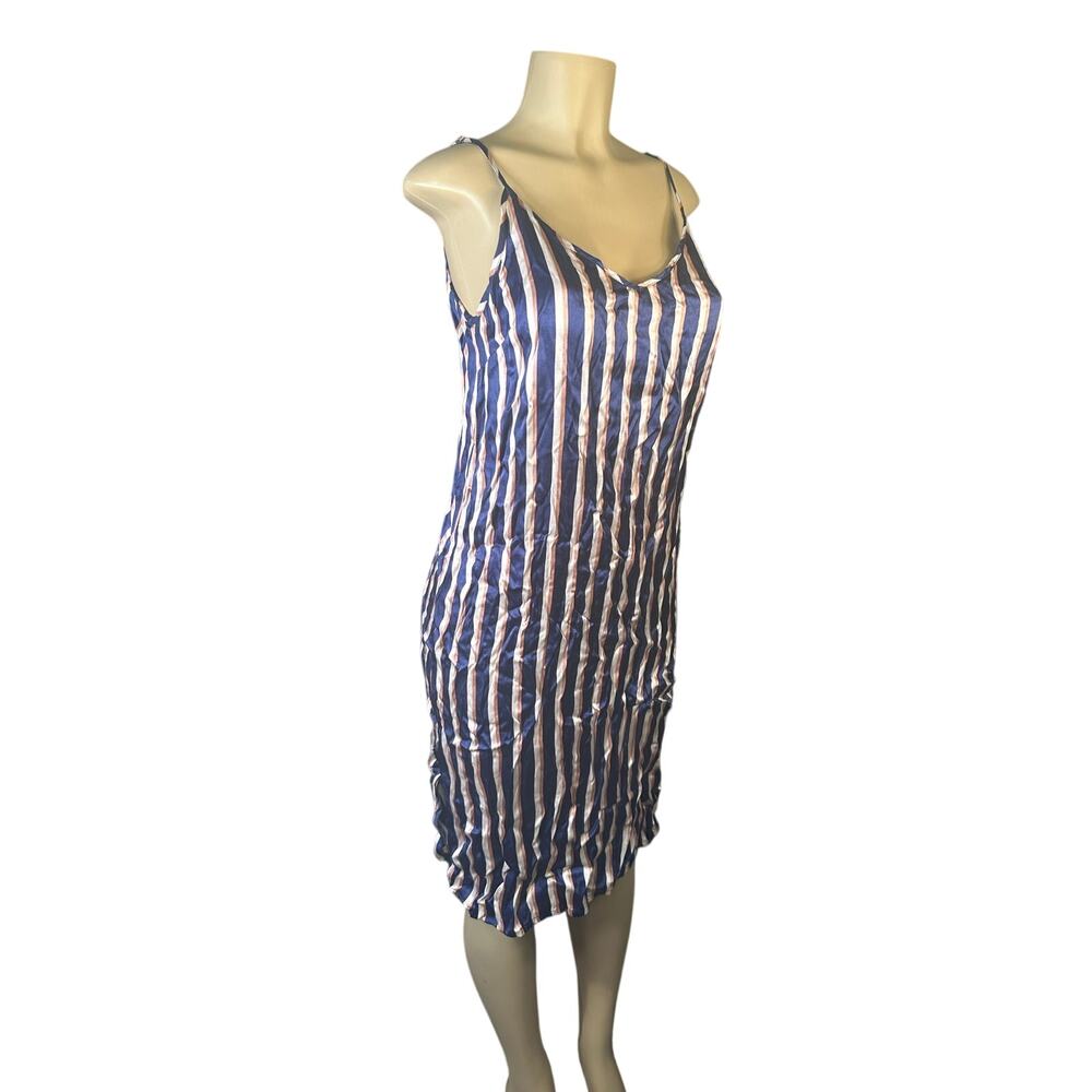 Women 40 Anthropologie Numph Blue Striped Slip Shift Dress Satin Side Slits